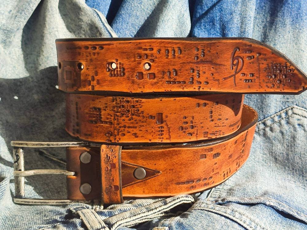 Genuine Leather Western Belt with Computer Card Design - Mens Fashion Accessory - Perfect Gift for Computer Lovers