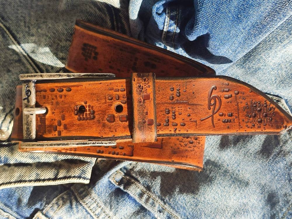 Genuine Leather Western Belt with Computer Card Design - Mens Fashion Accessory - Perfect Gift for Computer Lovers