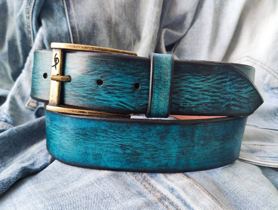 Ishaor Turquoise Color leather Belt with Blue and Black wash  display picture 3