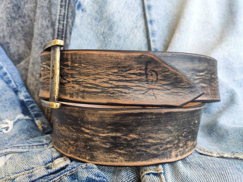 Vintage Black Leather Belt with Brown Spots - Personalized Option - Perfect for Daily Use