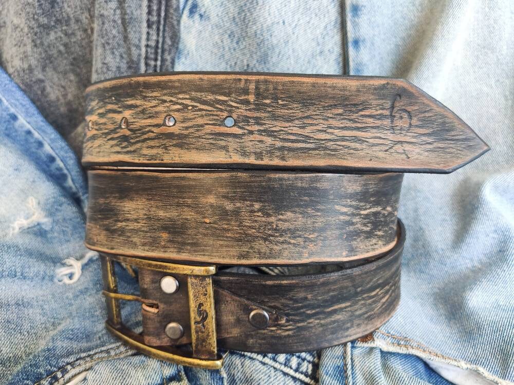 Vintage Black Leather Belt with Brown Spots - Personalized Option - Perfect for Daily Use