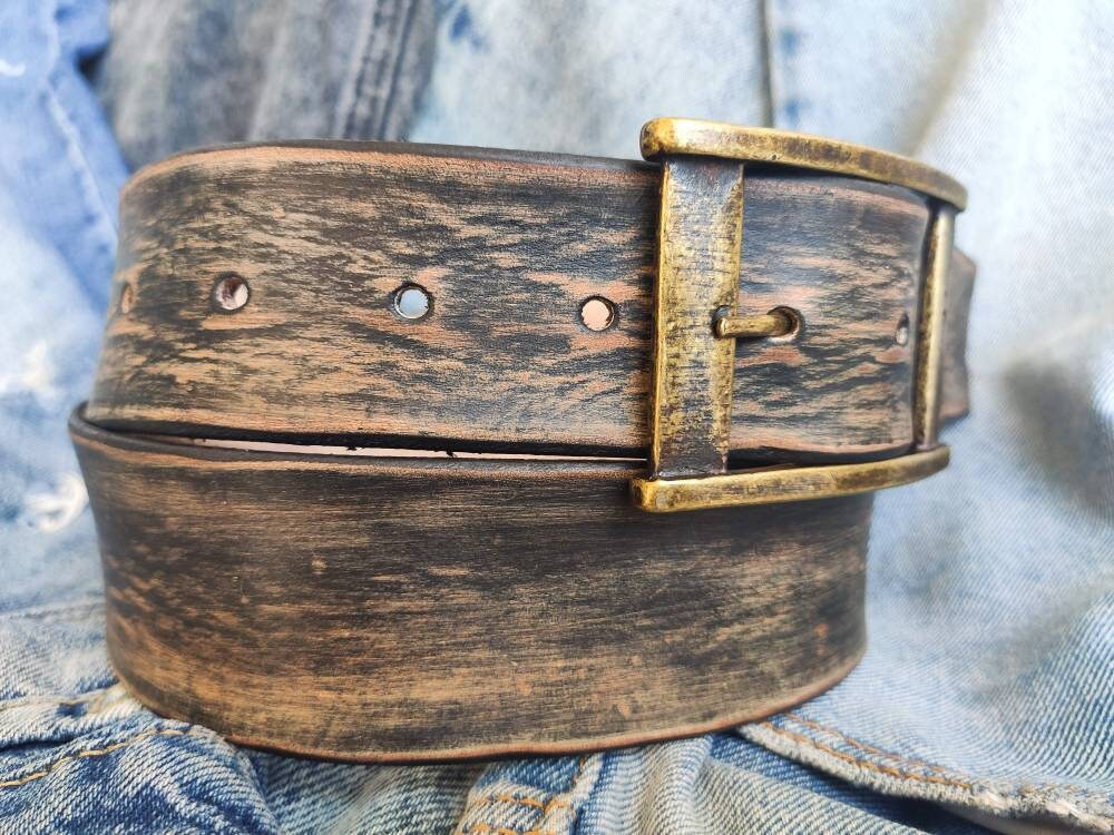 Vintage Black Leather Belt with Brown Spots - Personalized Option - Perfect for Daily Use