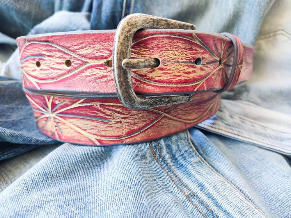 Women's Leather Belt Women's Belt Leather Women's Belt Carved Flower Pattern Belt Tooled Leather Belt Boho Belt yellow Belt Women's Gift
