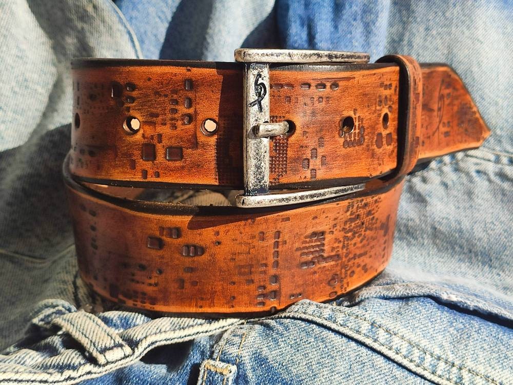 Genuine Leather Western Belt with Computer Card Design - Mens Fashion Accessory - Perfect Gift for Computer Lovers