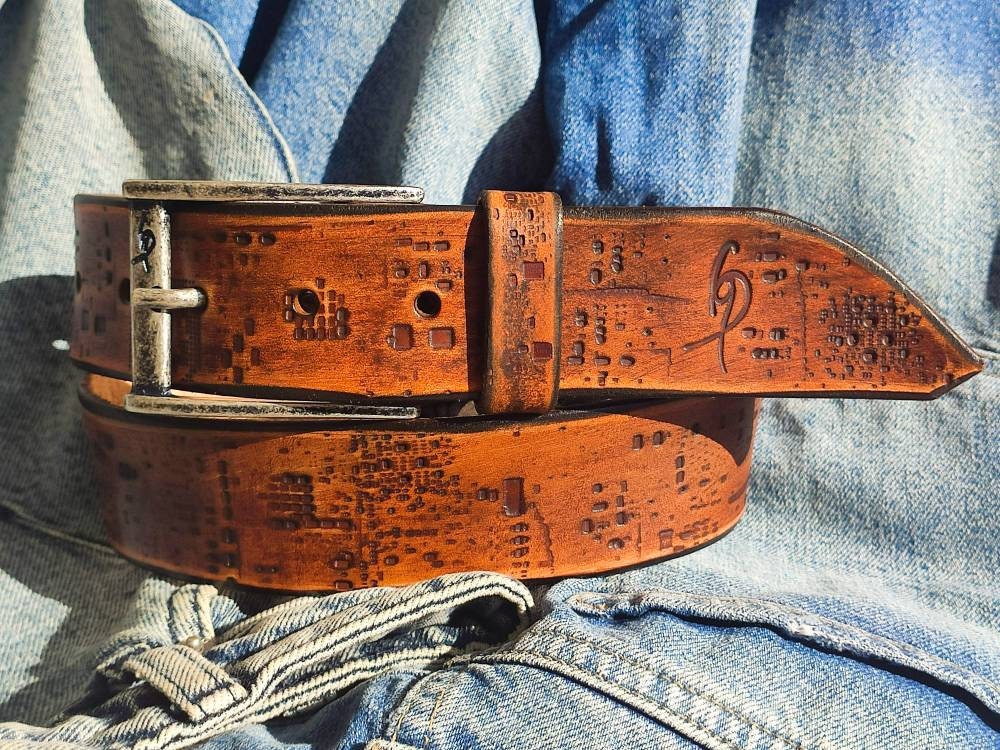 Genuine Leather Western Belt with Computer Card Design - Mens Fashion Accessory - Perfect Gift for Computer Lovers