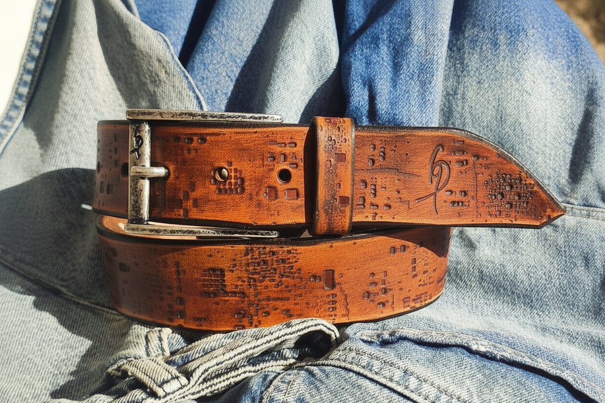 Mens Brown Leather Belt with Western Style Buckle - Classic Design for Fashionable Men