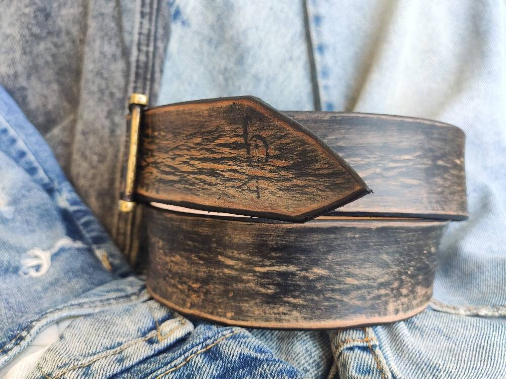 Vintage Black Leather Belt with Brown Spots - Personalized Option - Perfect for Daily Use