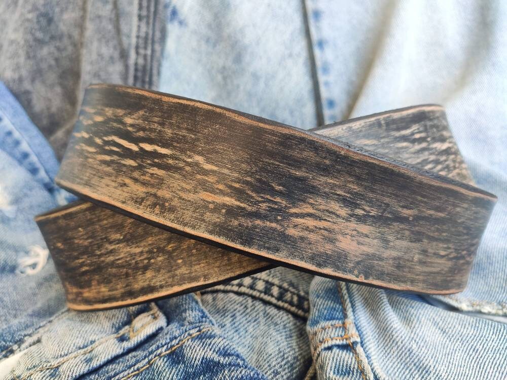 Vintage Black Leather Belt with Brown Spots - Personalized Option - Perfect for Daily Use