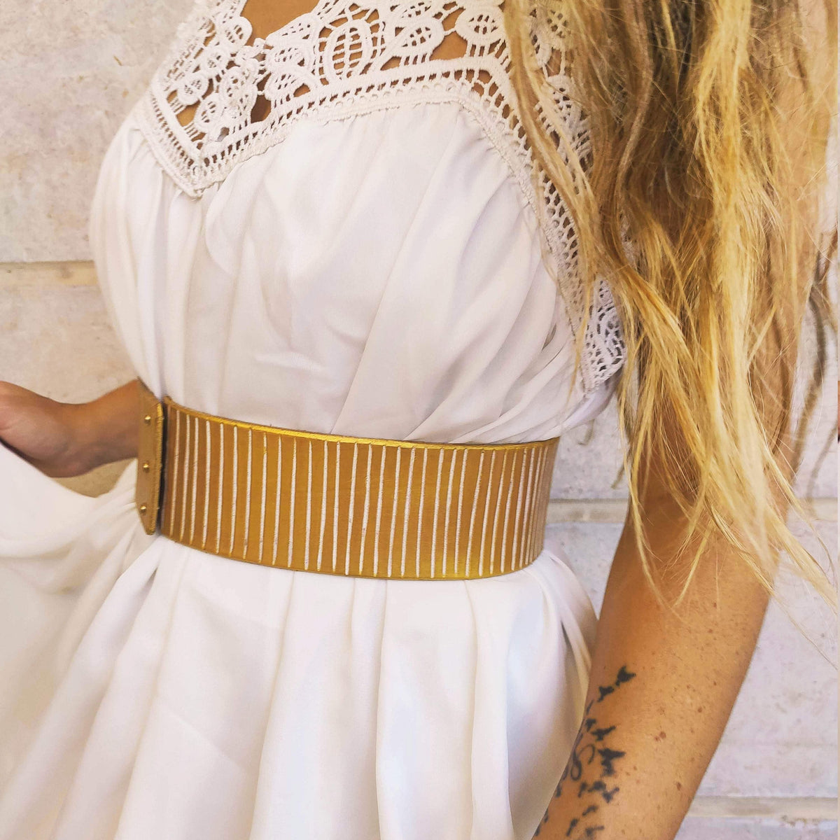 White and Gold Leather Bridal Belt