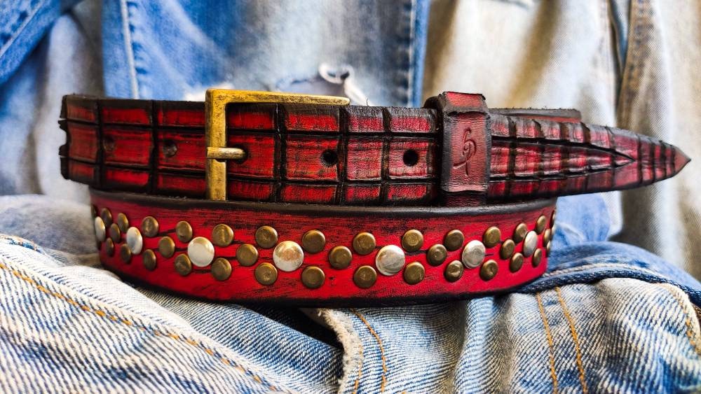 Handcrafted Men s Red Leather Belt with Rivets and Croc Texture Unique ISHAOR
