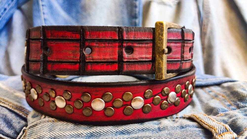 Handcrafted Men s Red Leather Belt with Rivets and Croc Texture Unique Rock Gift