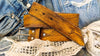 Handmade Western Leather Belt Buckle - Yellow Leather Belt with Brown Wash and Vintage Finish - Perfect Color for Jeans
