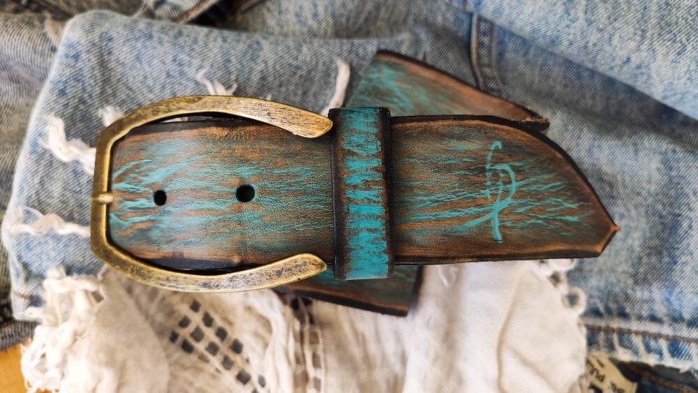 Turquoise Leather Mens Belt - Handmade Vintage Style Customizable and Personalized for Mens Gift