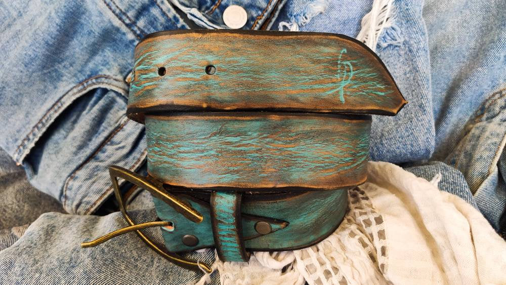 Turquoise Leather Mens Belt - Handmade Vintage Style Customizable and Personalized for Mens Gift