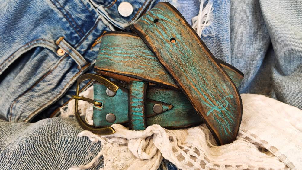 Turquoise Leather Mens Belt - Handmade Vintage Style Customizable and Personalized for Mens Gift