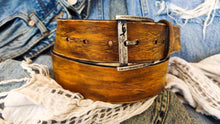 Handmade western leather belt buckle, Yellow leather belt with brown wash and vintage finish perfect color belt for jeans .