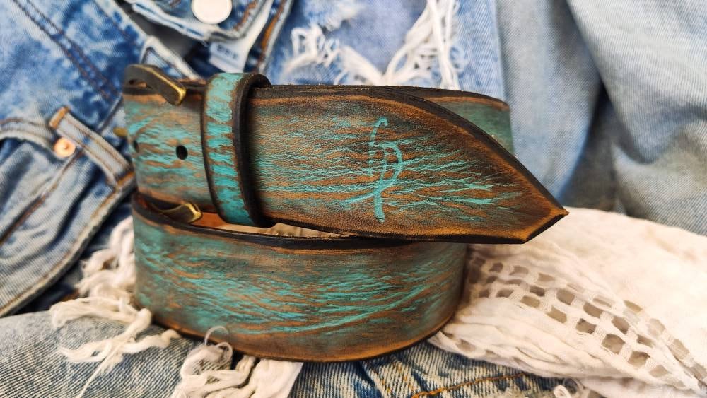 Turquoise Leather Mens Belt - Handmade Vintage Style Customizable and Personalized for Mens Gift