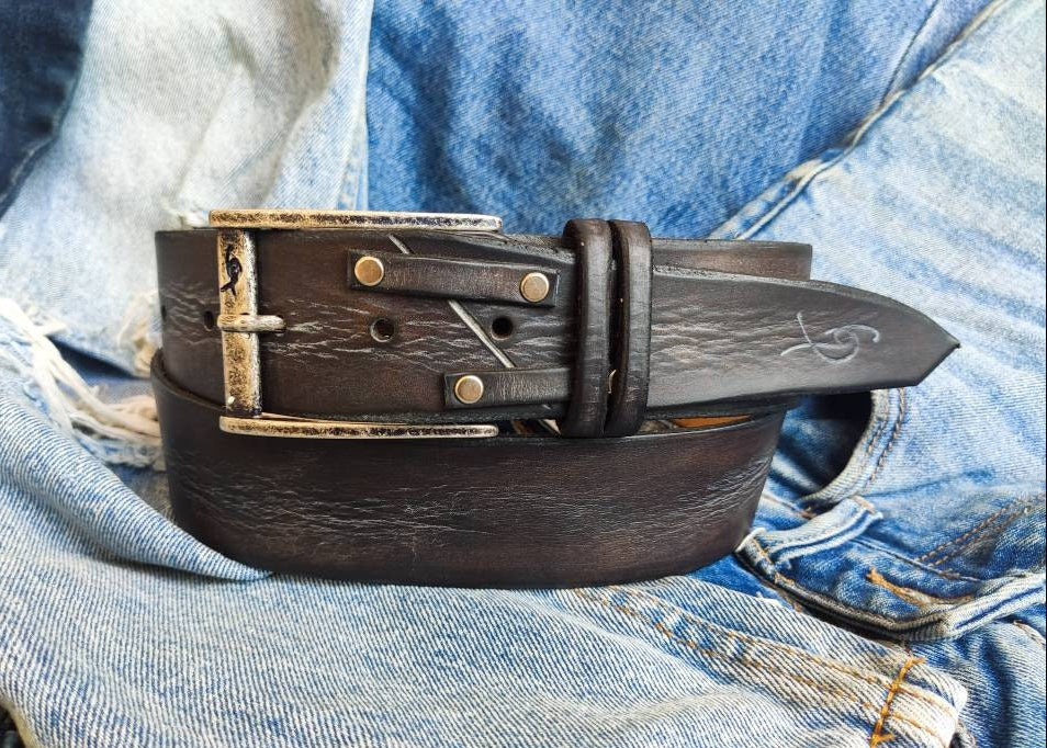 Dark Brown Leather Belt with gray wash Men's Design wide Leather Belt with Western style and Buckle by Ishaor, perfect color with jeans
