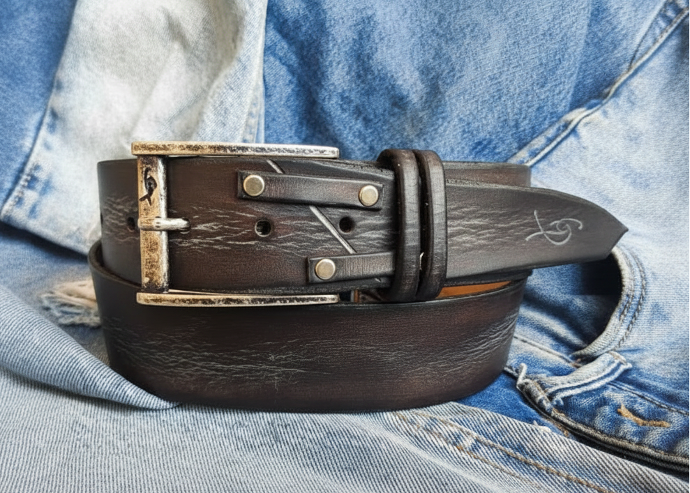 Western Style Leather Belt in Dark Brown with Gray Wash and Buckle by Ishaor - Perfect for Mens Jeans
