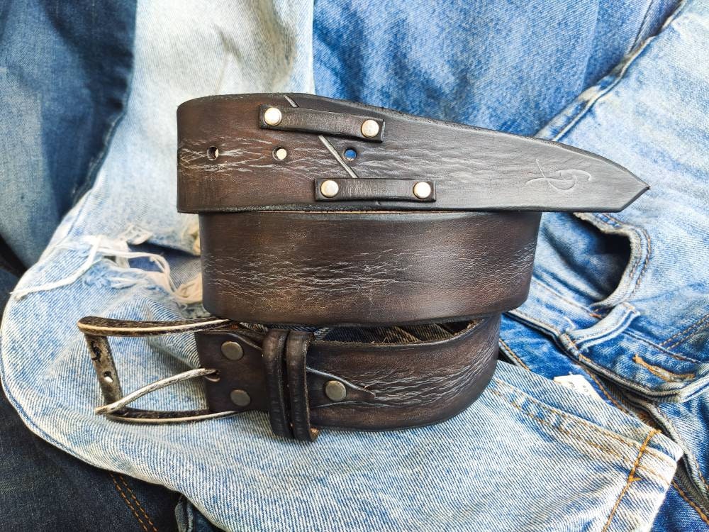Dark Brown Leather Belt with gray wash Men's Design wide Leather Belt with Western style and Buckle by Ishaor, perfect color with jeans