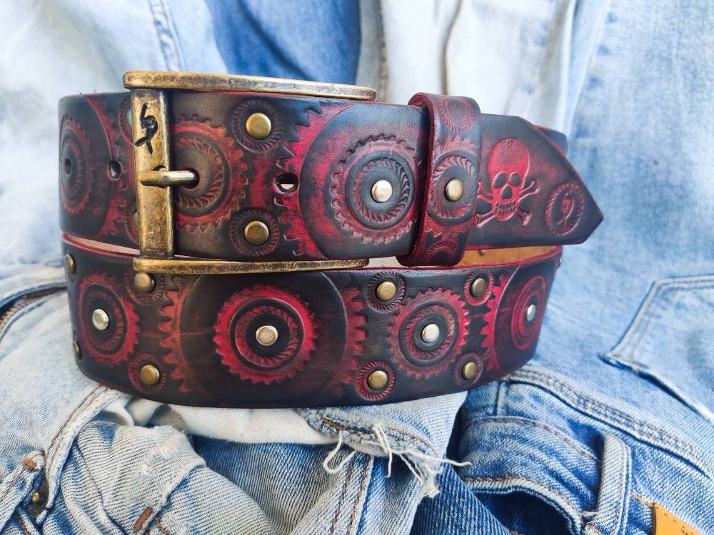 Red leather belt with black wash and motorcycle gear stamps. Unique Belt with Biker style and buckle. Accessories gift for bikers