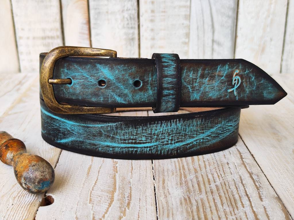 Turquoise leather belt with brown wash and amazing texture, handmade leather buckle belt, match with jeans and perfect gift for man & woman