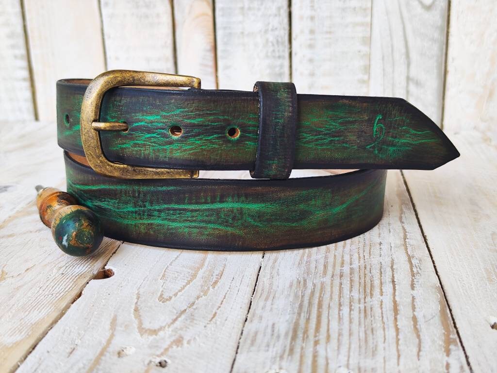 Custom Green Leather Belt for Men - Genuine Leather Accessories for Him