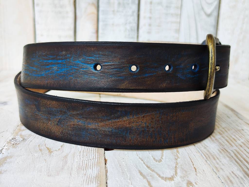 Blue Two-Tone Brown Wash Leather Belt - 36 cm - Ideal for Jeans