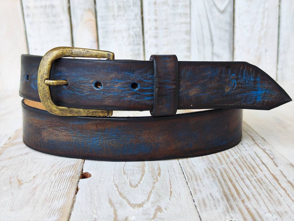 Blue Two-Tone Brown Wash Leather Belt - 36 cm - Ideal for Jeans