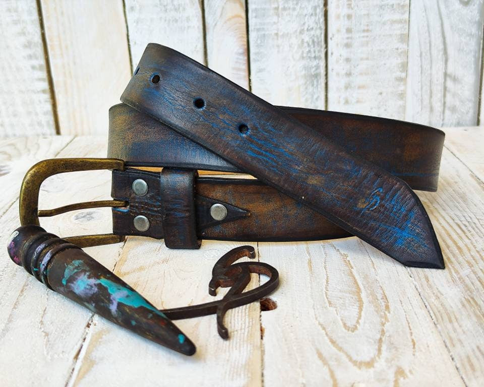 Blue Two-Tone Brown Wash Leather Belt - 36 cm - Ideal for Jeans