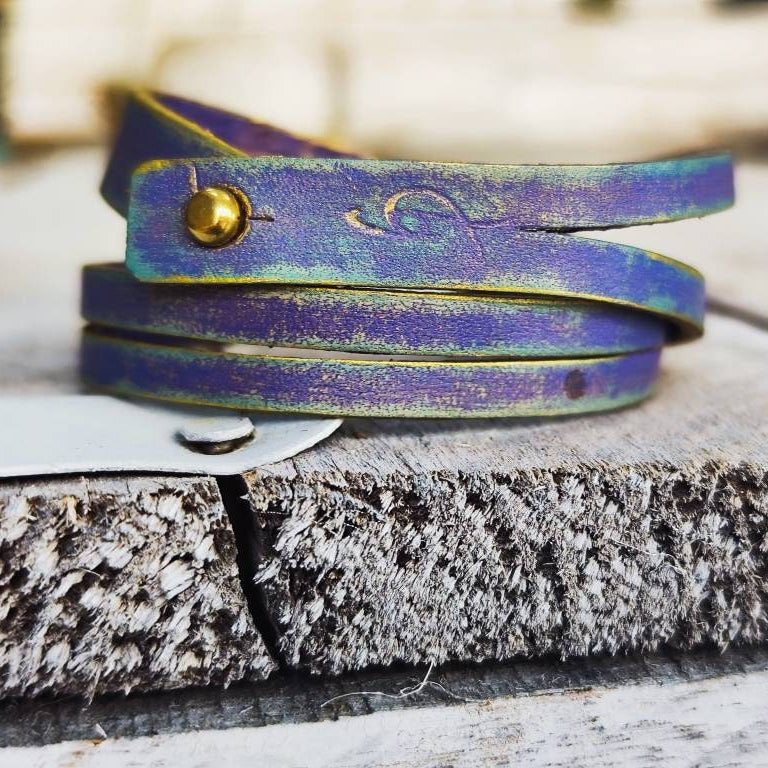 Handmade Purple Leather and Gold Bracelet for Women - Unique Gift Idea