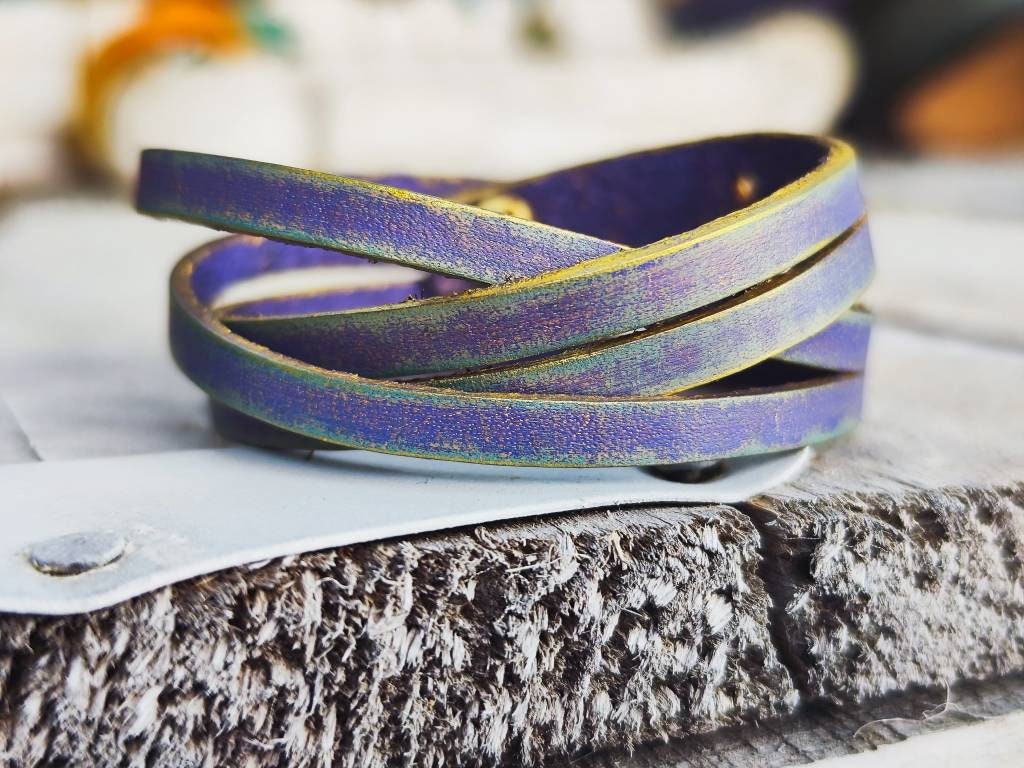 Handmade Purple Leather and Gold Bracelet for Women - Unique Gift Idea