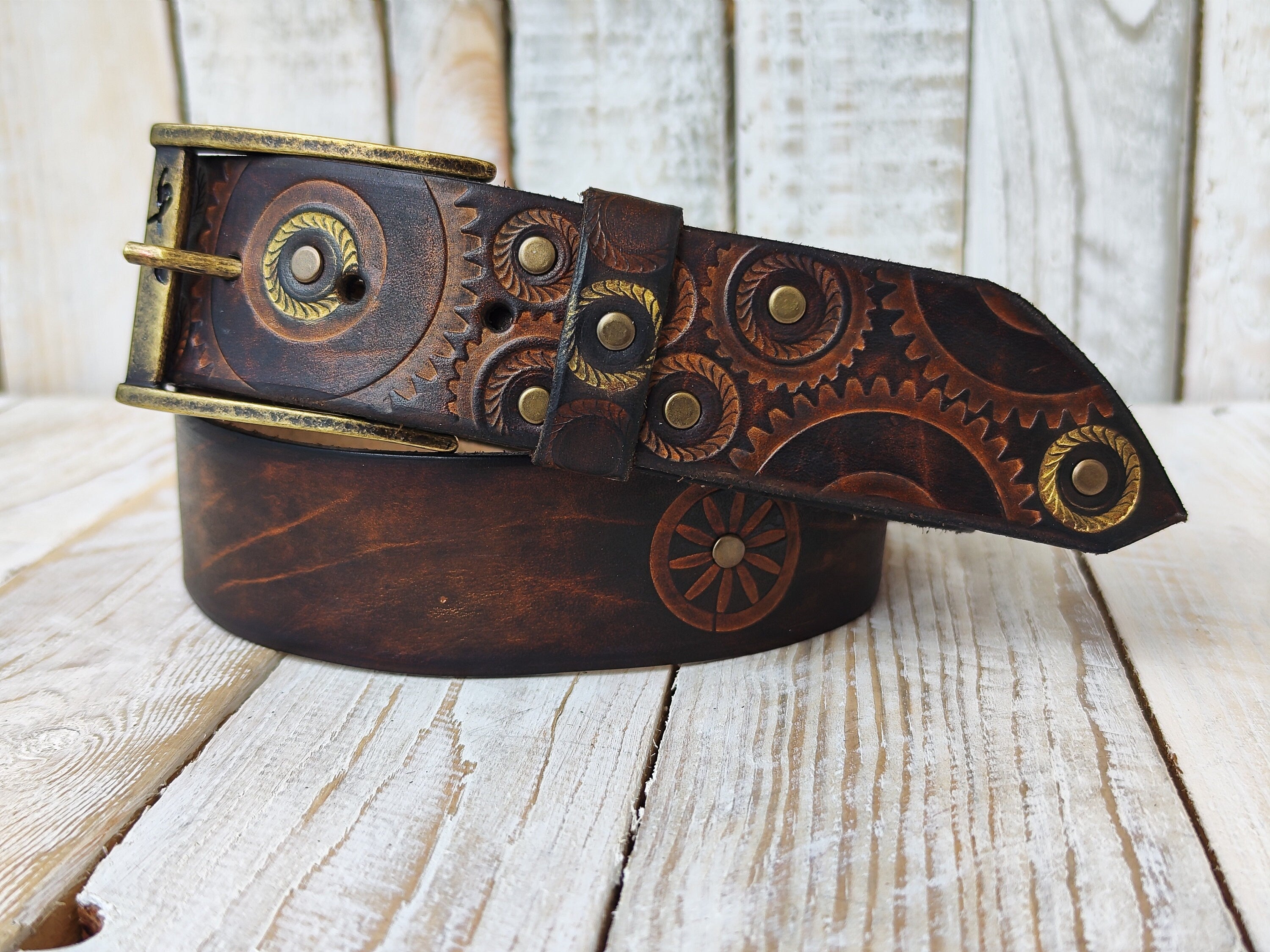 Handmade Stamped Leather Motorcycle Belt with Dark Rustic Design and Touch of Gold by Ishaor