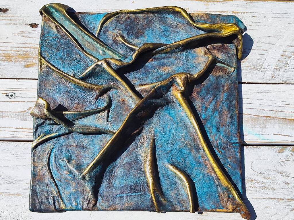 Handmade Turquoise Blue and Brown Leather Wall Art with Gold Accents - One-of-a-Kind and Unique Technique