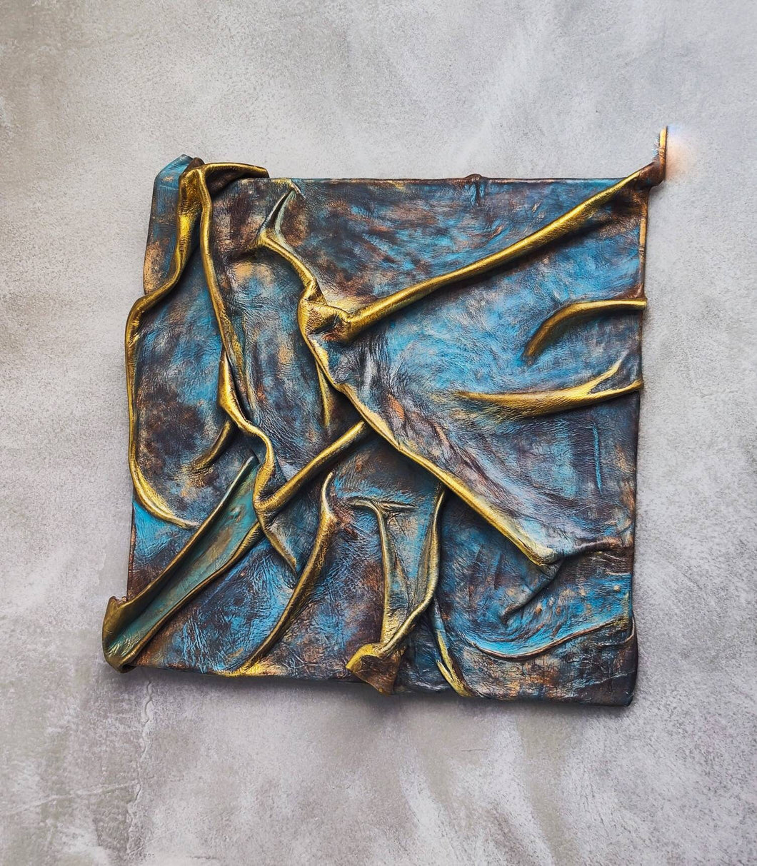 Handmade Turquoise Blue and Brown Leather Wall Art with Gold Accents - One-of-a-Kind and Unique Technique