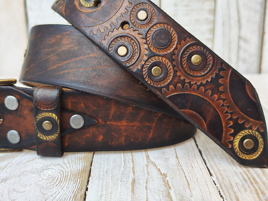 Handmade Stamped Leather Motorcycle Belt with Dark Rustic Design and Touch of Gold by Ishaor