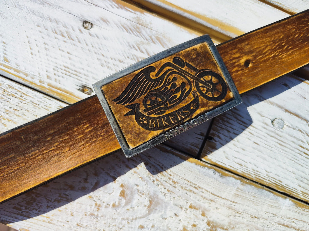 Handmade Brown Leather Motorcycle Buckle - Unique and Durable for Bikers
