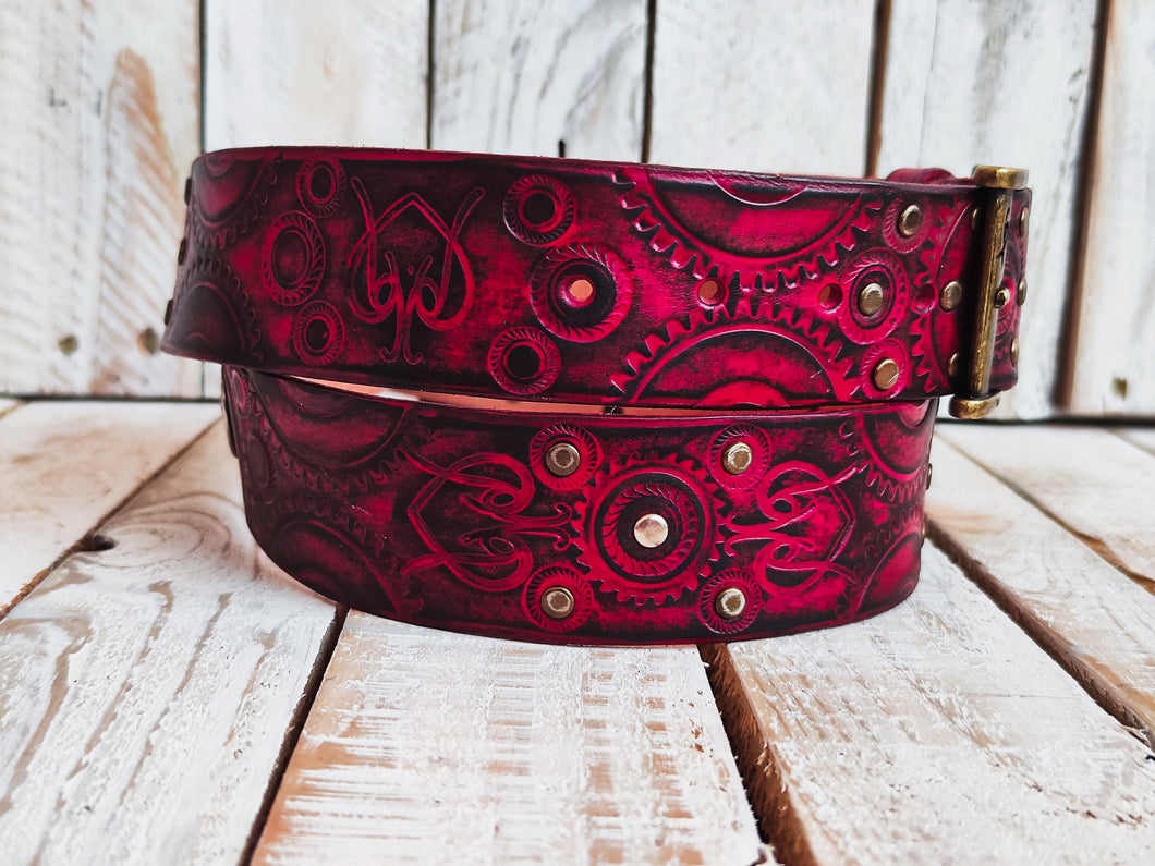 Handcrafted Red Leather Bikers Belt with Motorcycle Gear Stamps Black Wash Silver Studs and Coins - Perfect for the Motorcycle Enthusiast