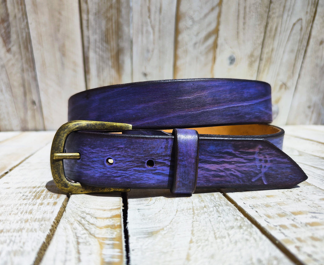 Handcrafted Purple Leather Belt with Black Wash and Ancient Gold Buckle - Regal Elegance