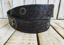 Handcrafted Leather Belt with Motorcycle Gear Stamps Silver Studs Gold Accents and Matching Buckle