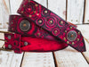 Handcrafted Red Leather Bikers Belt with Motorcycle Gear Stamps Black Wash Silver Studs and Coins - Perfect for the Motorcycle Enthusiast