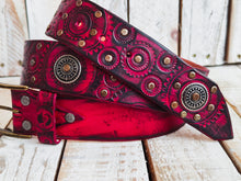 Handcrafted Red Leather Biker Belt with Motorcycle Stamps Black Wash Silver Studs and Coins