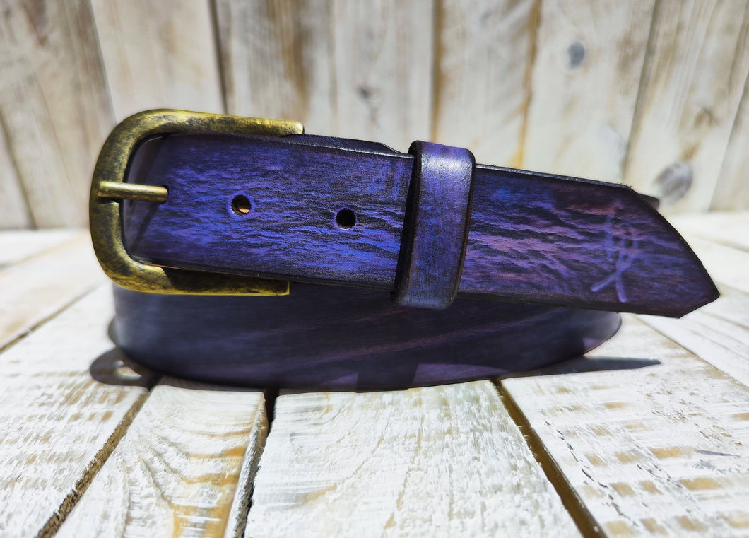 Handcrafted Purple Leather Belt with Black Wash and Ancient Gold Buckle - Regal Elegance