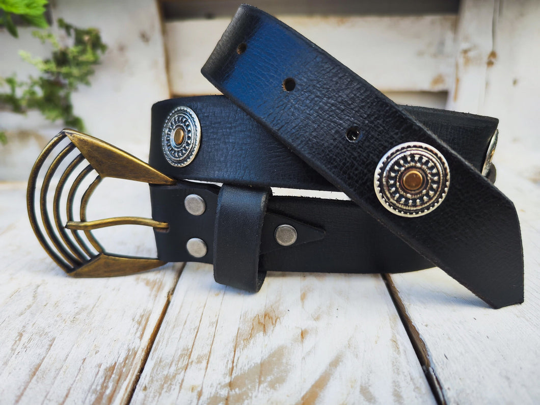 Boho Chic Handmade Black Leather Belt with Silver Coin and Gold Rivet Accents
