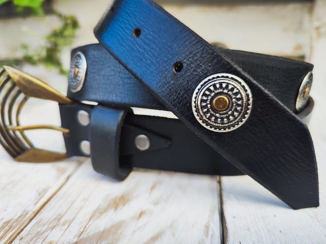 Boho Chic Handmade Black Leather Belt with Silver Coin and Gold Rivet Accents