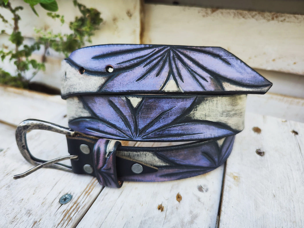 Handcrafted White Leather Belt with Engraved Purple Flower Design and Blackwash Finish
