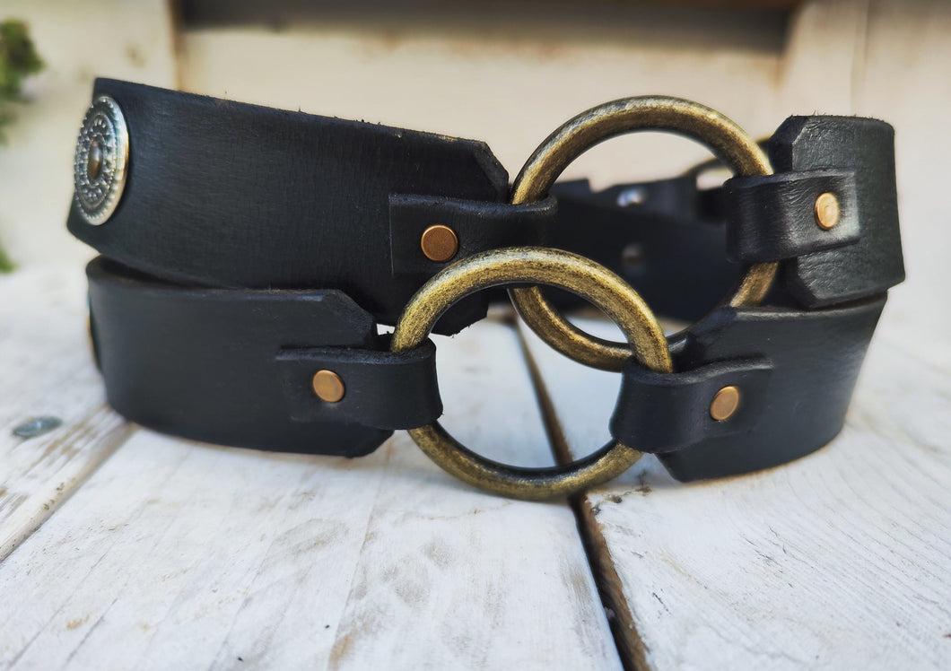 Boho Chic Handmade Black Leather Belt with Silver Coin and Gold Rivet Accents