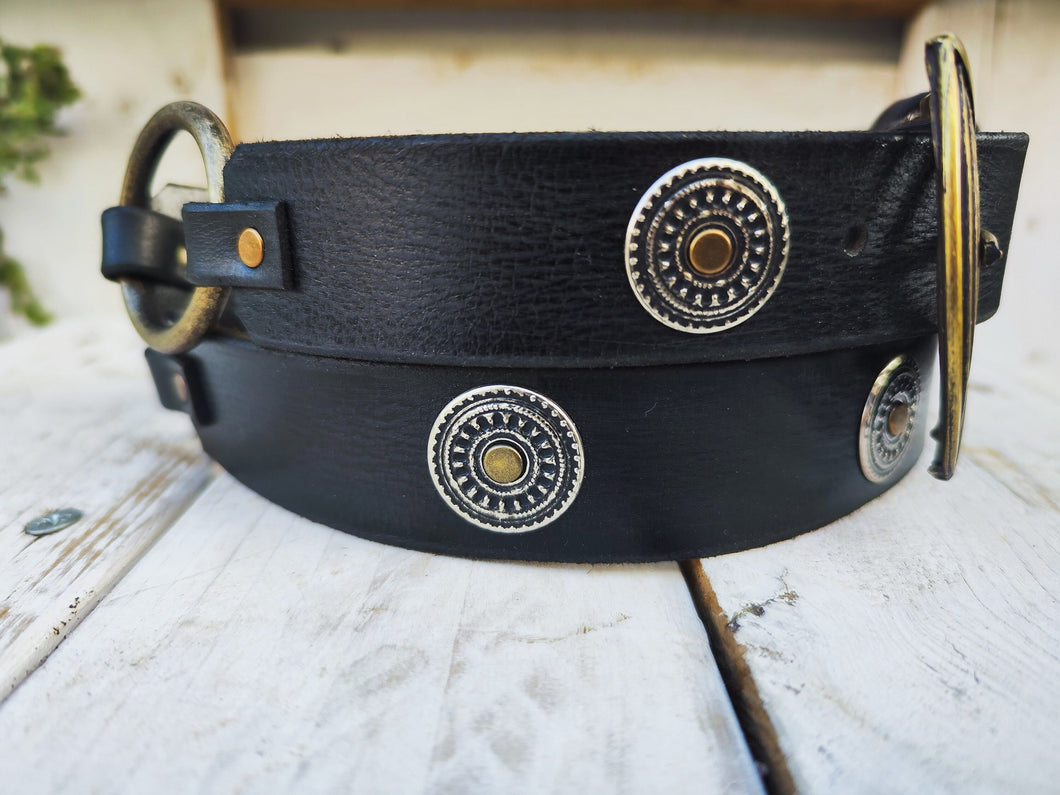 Boho Chic Handmade Black Leather Belt with Silver Coin and Gold Rivet Accents