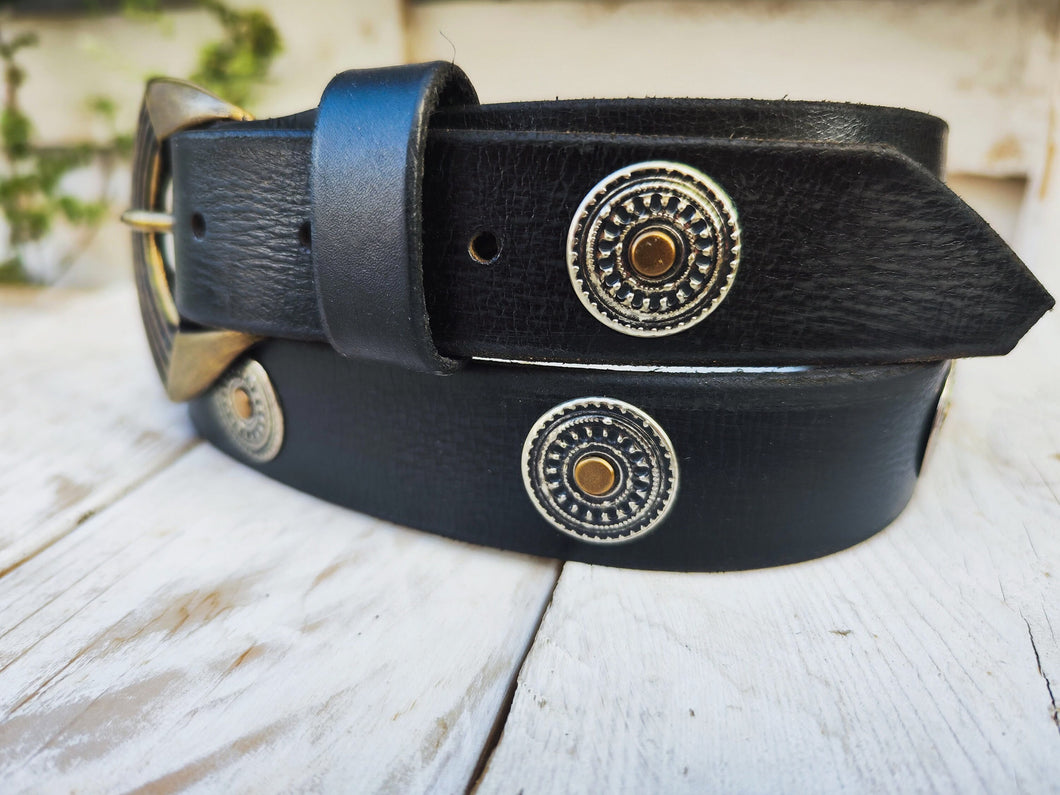 Boho Chic Handmade Black Leather Belt with Silver Coin and Gold Rivet Accents