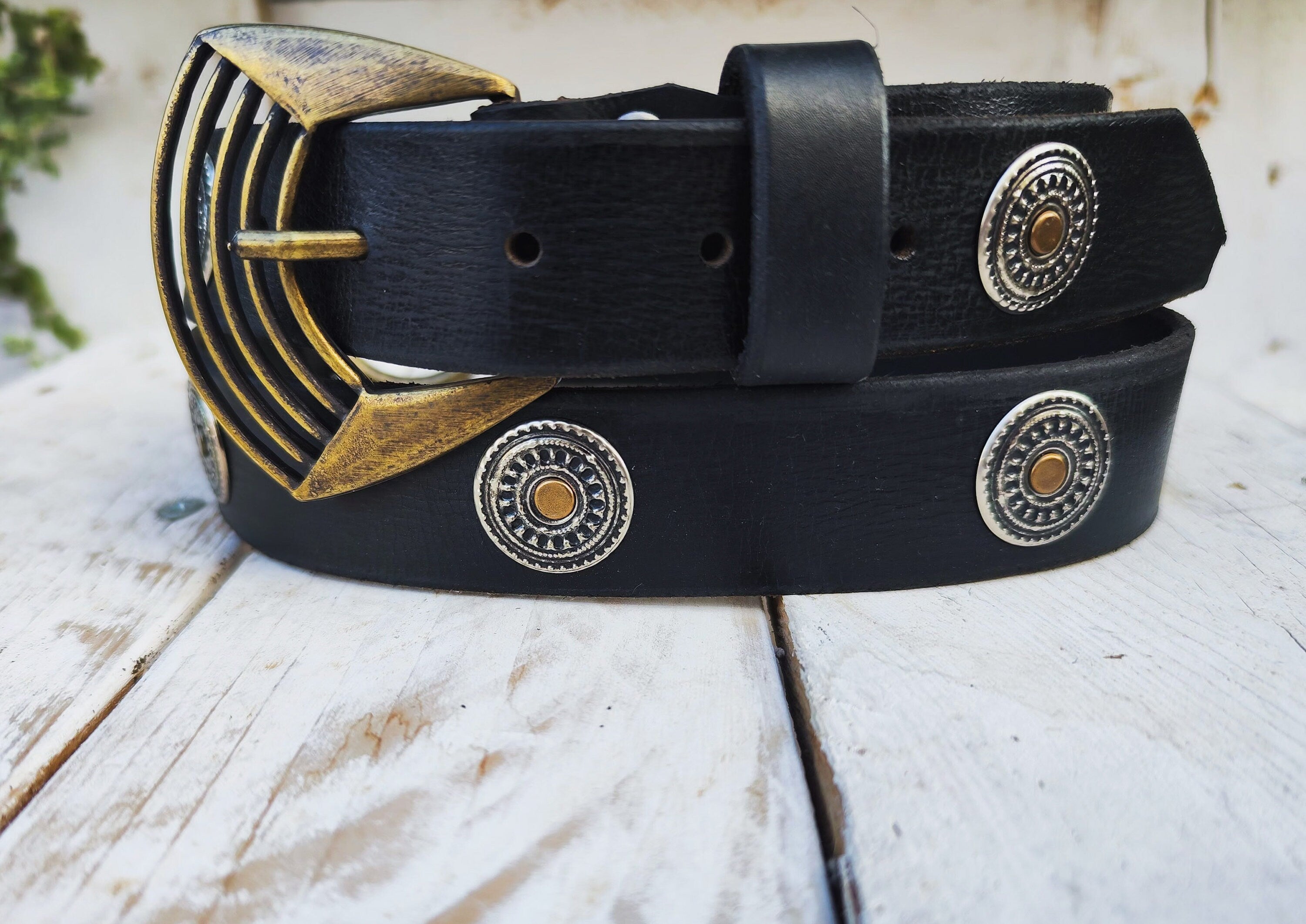 Boho Chic Handmade Black Leather Belt with Silver Coin and Gold Rivet Accents